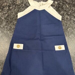 Girls Maria Casero Navy White Dress with two gold buttons - size 10